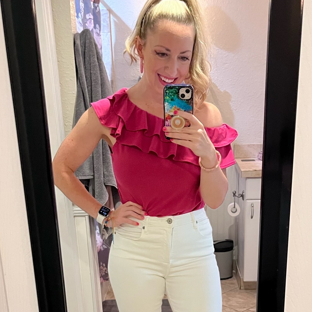 One shoulder pink top